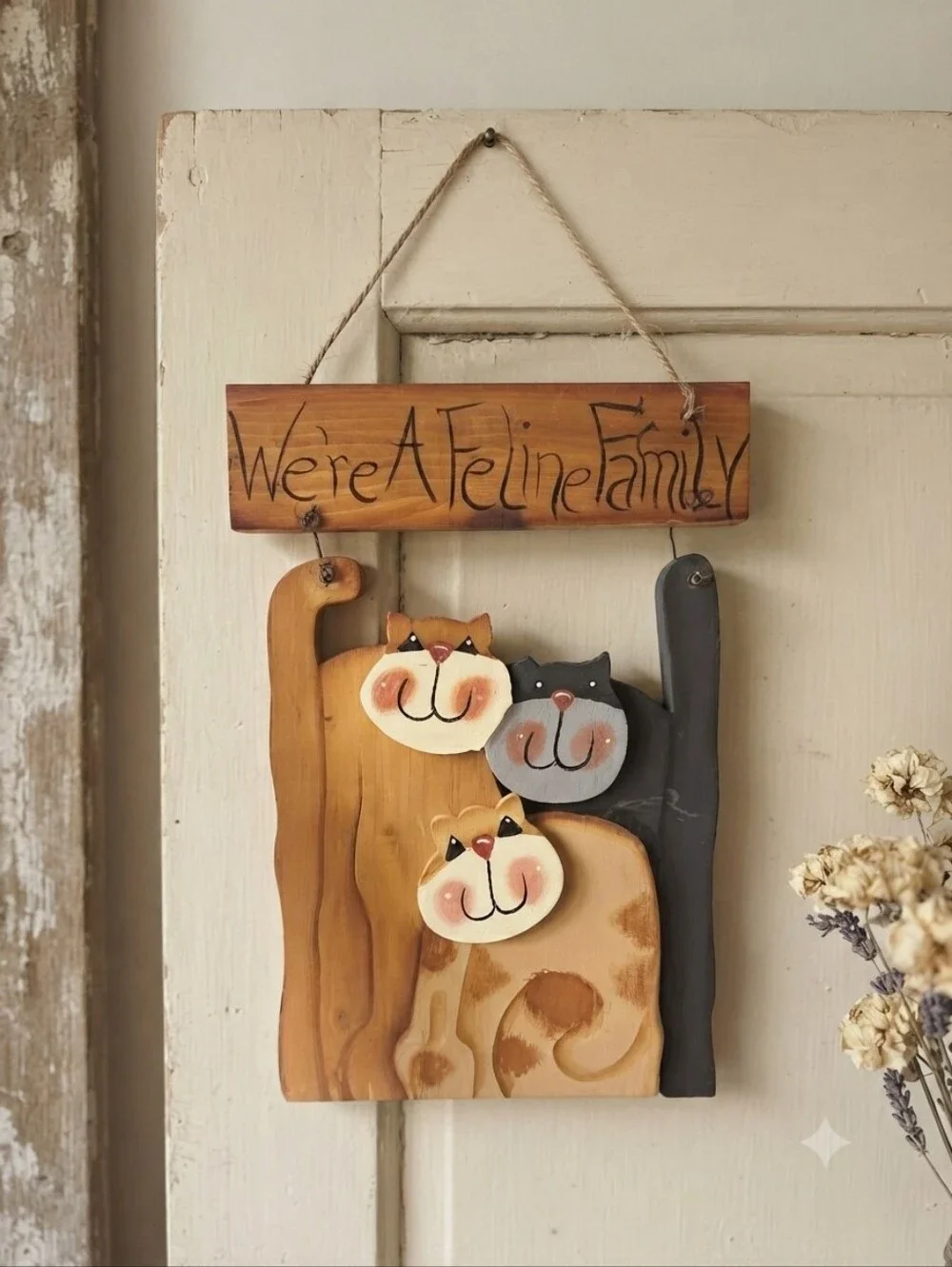Handmade Wooden Cat Family Wall Hanging Sign Primitive Country Folk Art Decor